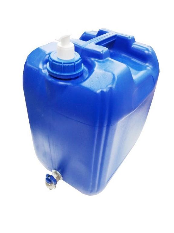 Plastový kanystr modrý na vodu 20l s kohoutkem a dávkovačem mýdla