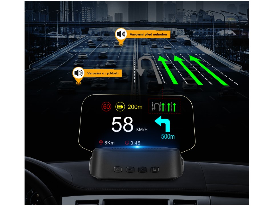 HEAD UP DISPLEJ 4" / TFT LCD, OBDII + GPS + navigační, reflexní deska